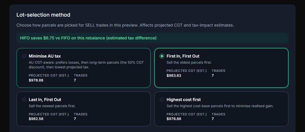 Choosing the parcel selection method for a rebalance: minimise tax, FIFO, LIFO or highest-cost-first, each with its projected CGT