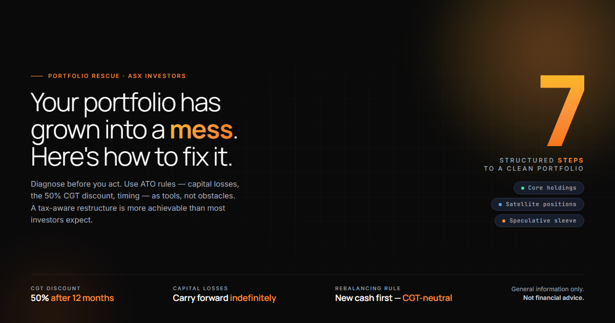 Hero graphic for fixing a bad ASX portfolio: five-step portfolio rescue framework for Australian DIY investors.