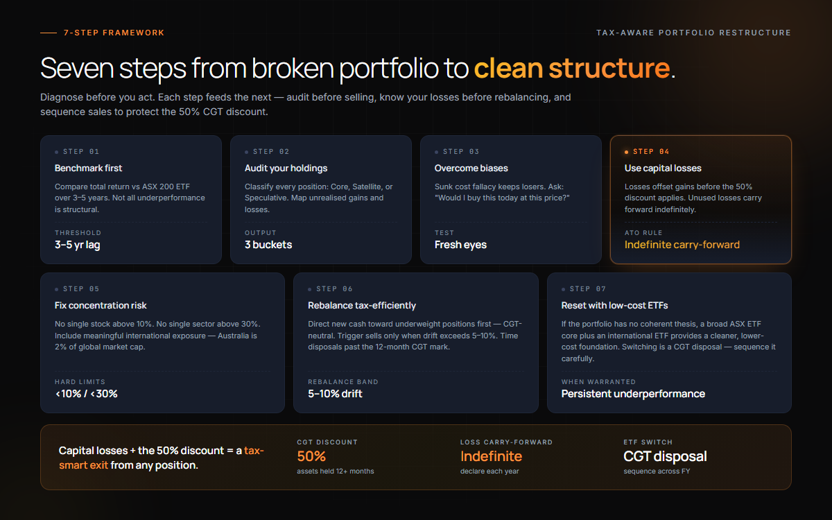 Four-step portfolio rescue checklist: stop bleeding, identify root cause, set target allocation, rebuild CGT-smart.