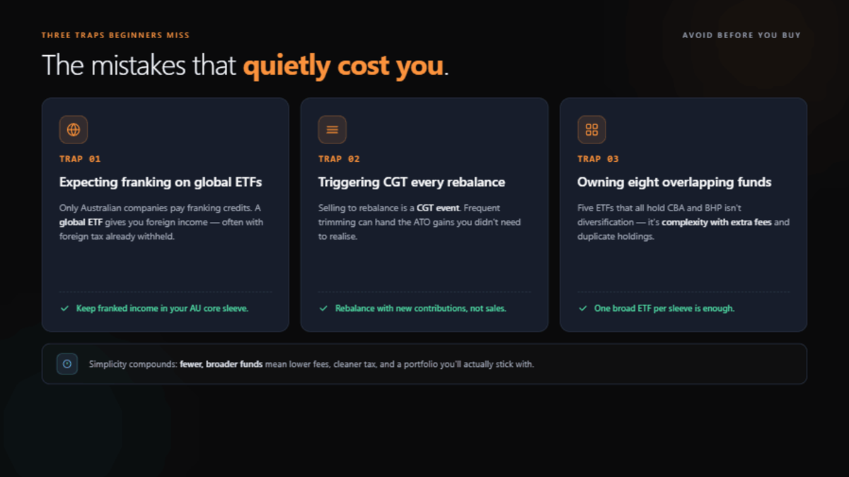 Three beginner ETF traps: expecting franking on global ETFs, triggering CGT on every rebalance, and owning eight overlapping funds — each with a one-line fix.