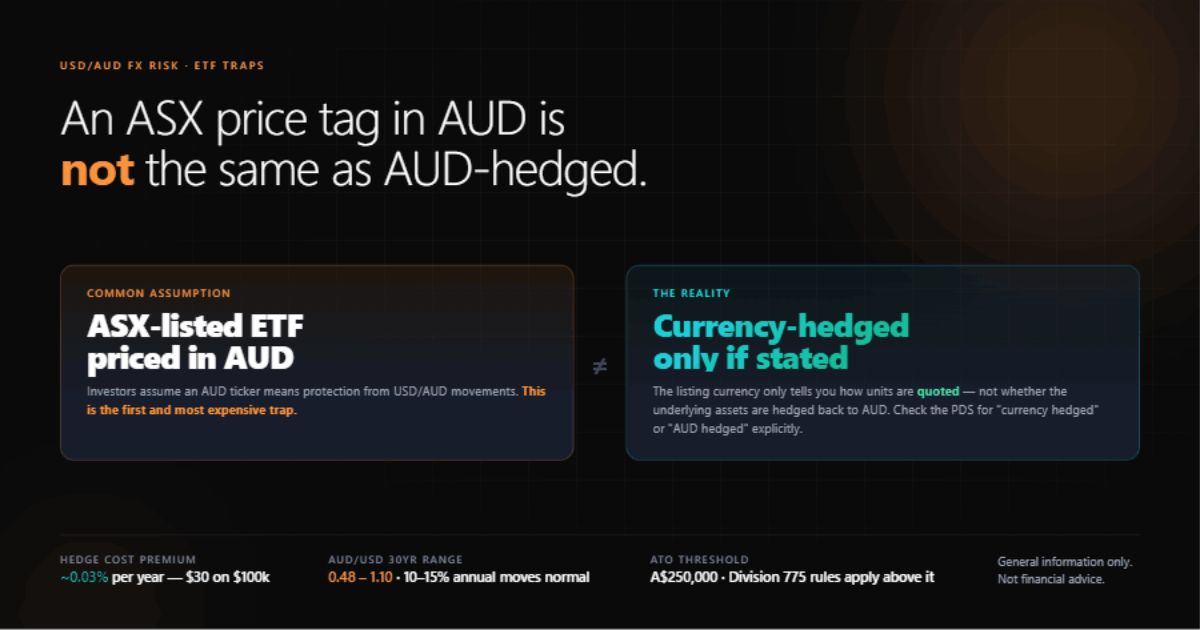 Hero graphic: your ASX ETF is priced in AUD, not automatically hedged. An FX-risk spectrum from fully hedged to fully unhedged, with cost and return implications.