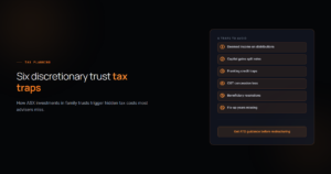 Six discretionary trust tax traps hero graphic listing deemed income, CGT split rules, franking credit traps, CGT concession loss, beneficiary resolutions and fix-up years