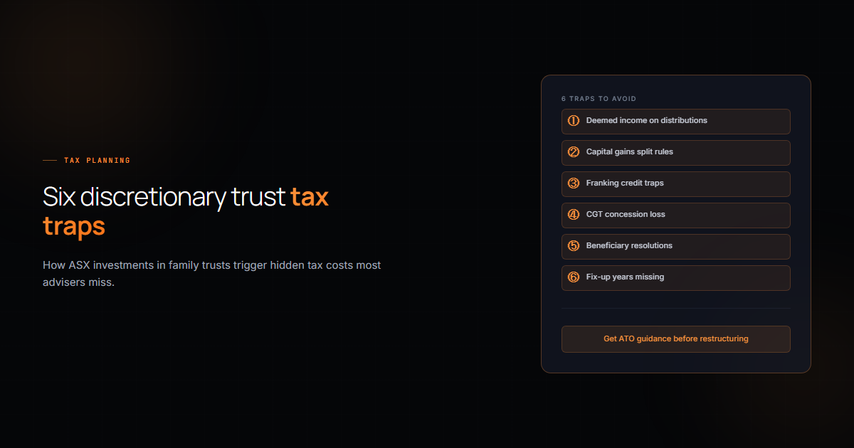 Six discretionary trust tax traps hero graphic listing deemed income, CGT split rules, franking credit traps, CGT concession loss, beneficiary resolutions and fix-up years